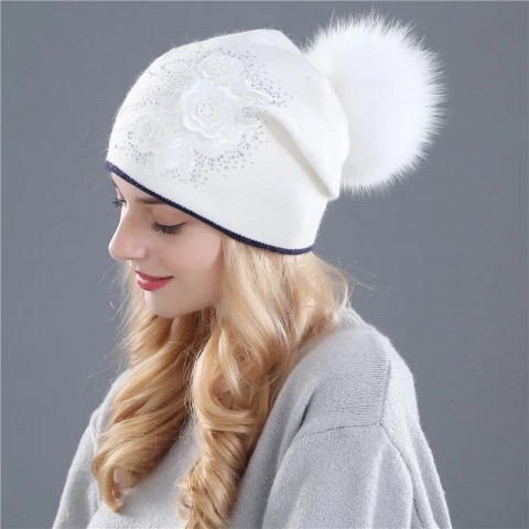 Xthree Shiny Rhinestone Women's Cashmere Wool Beanie Hat with Fur Pom