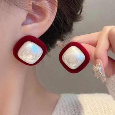 Vintage Red Imitation Pearl Stud Earrings for Women Bohemian Korean Luxury Jewelry A13746