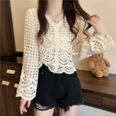 Boho Acetate Long Sleeve Button-Up Crochet Top for Women