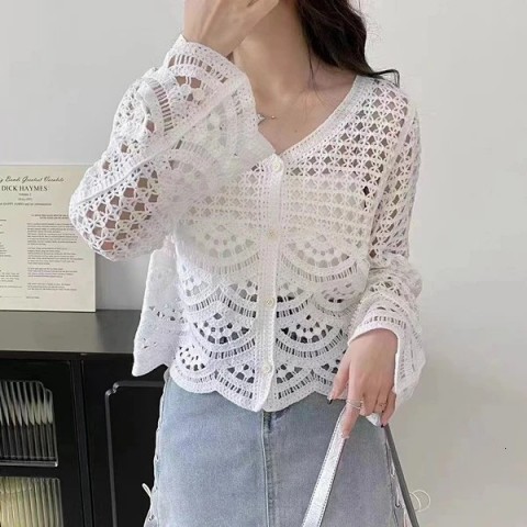Boho Acetate Long Sleeve Button-Up Crochet Top for Women