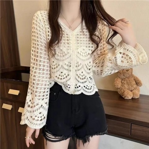 Boho Acetate Long Sleeve Button-Up Crochet Top for Women