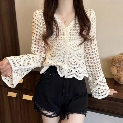 Boho Acetate Long Sleeve Button-Up Crochet Top for Women