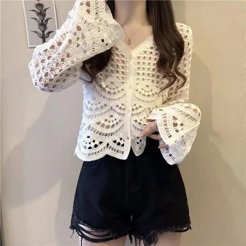 Boho Acetate Long Sleeve Button-Up Crochet Top for Women