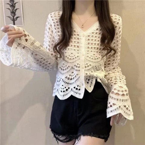 Boho Acetate Long Sleeve Button-Up Crochet Top for Women