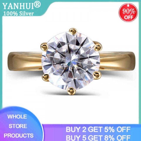YANHUI 18K Gold Plated Silver Ring with 2ct Zircon for Women