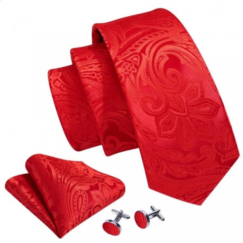 Barry.Wang Red Jacquard Silk Tie Set for Men - Novelty Floral Business Wear