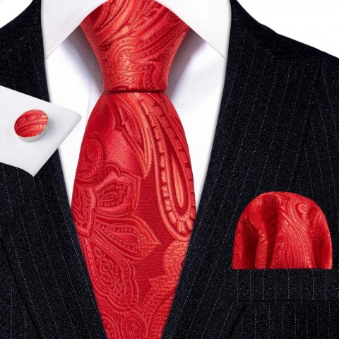 Barry.Wang Red Jacquard Silk Tie Set for Men - Novelty Floral Business Wear