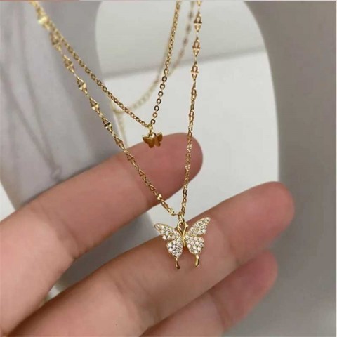 Shiny Butterfly Pendant Necklace for Women - Double Layer Clavicle Chain Jewelry z250222