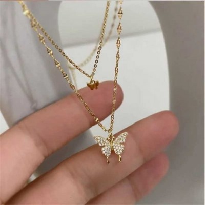 Shiny Butterfly Pendant Necklace for Women - Double Layer Clavicle Chain Jewelry z250222