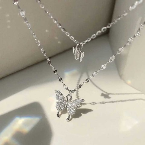 Shiny Butterfly Pendant Necklace for Women - Double Layer Clavicle Chain Jewelry z250222