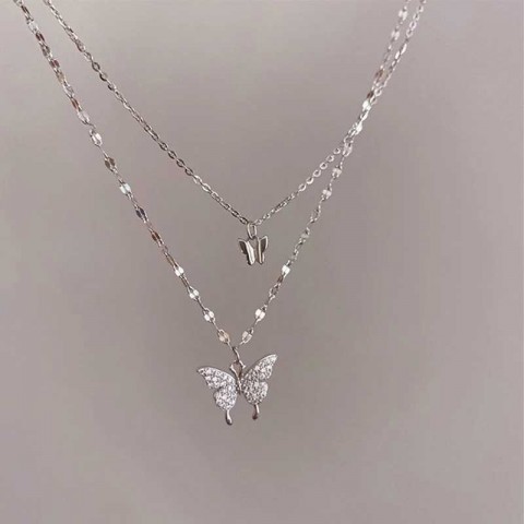 Shiny Butterfly Pendant Necklace for Women - Double Layer Clavicle Chain Jewelry z250222