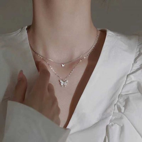 Shiny Butterfly Pendant Necklace for Women - Double Layer Clavicle Chain Jewelry z250222