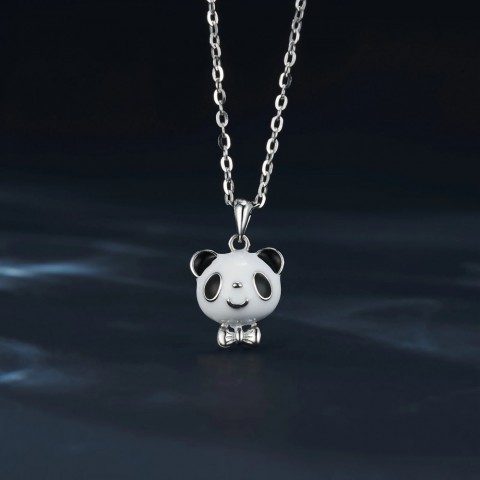 Potiy Adorable Panda Black and White Enamel Necklace with Chain for Women in 14K Gold and Sterling Silver