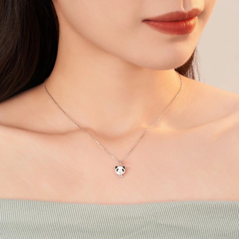 Potiy Adorable Panda Black and White Enamel Necklace with Chain for Women in 14K Gold and Sterling Silver
