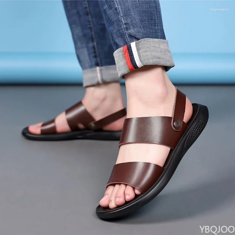 High-Quality Men's Gladiator Sandals - Comfortable Split Leather Flats for Casual Wear