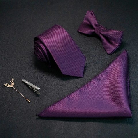 JEMYGINS Men's Solid Color Lavender Silk Jacquard Woven Bow Tie Set Necktie and Handkerchief