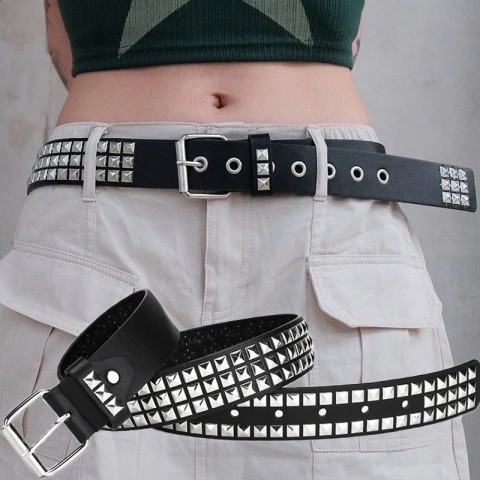 Square Bead Rivet Y2K Metal Pyramid Belt for Men - Golden Buckle