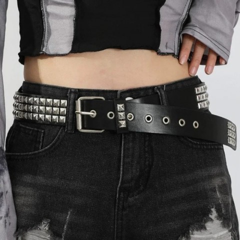 Square Bead Rivet Y2K Metal Pyramid Belt for Men - Golden Buckle