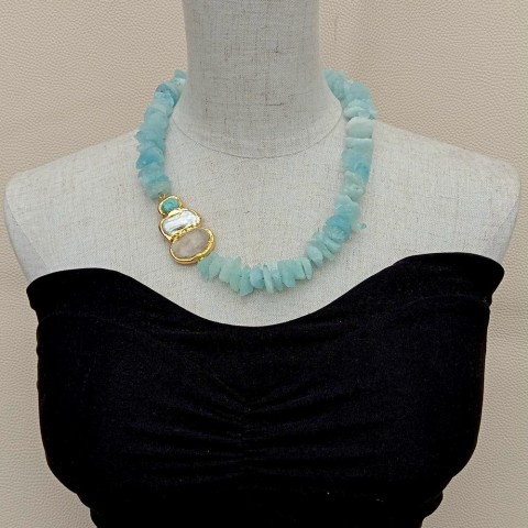 YYGEM Women's Handcrafted White Biwa Pearl Blue Aquamarine Amazonite Quartz Druzy Necklace