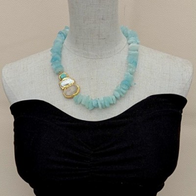 YYGEM Women's Handcrafted White Biwa Pearl Blue Aquamarine Amazonite Quartz Druzy Necklace