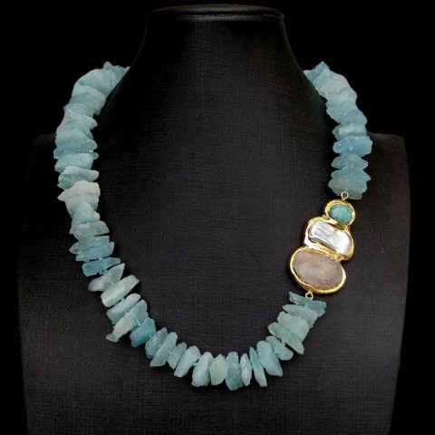 YYGEM Women's Handcrafted White Biwa Pearl Blue Aquamarine Amazonite Quartz Druzy Necklace