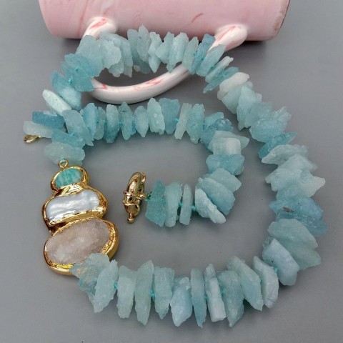 YYGEM Women's Handcrafted White Biwa Pearl Blue Aquamarine Amazonite Quartz Druzy Necklace