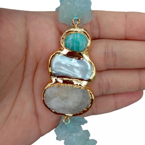YYGEM Women's Handcrafted White Biwa Pearl Blue Aquamarine Amazonite Quartz Druzy Necklace