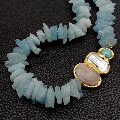 YYGEM Women's Handcrafted White Biwa Pearl Blue Aquamarine Amazonite Quartz Druzy Necklace