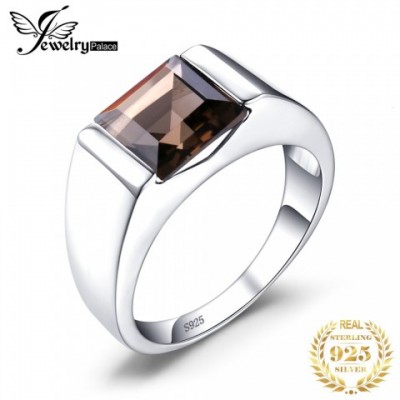 Solitaire Smoky Quartz & Ruby Sapphire Ring in Sterling Silver by JewelryPalace for Men