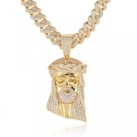 TopBling Religious Hip Hop Pendant Necklace, 18K Gold Plated, Face Design, Ideal for Men and Women