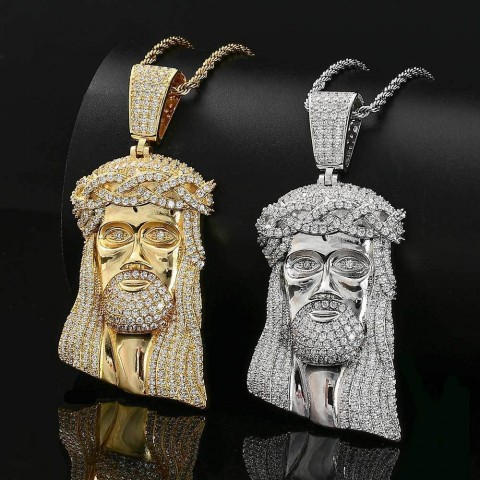 TopBling Religious Hip Hop Pendant Necklace, 18K Gold Plated, Face Design, Ideal for Men and Women