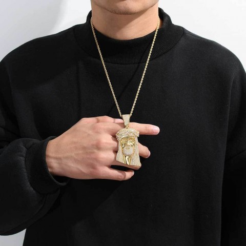 TopBling Religious Hip Hop Pendant Necklace, 18K Gold Plated, Face Design, Ideal for Men and Women