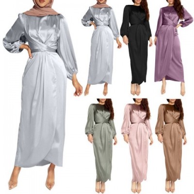 Elegant Purple Arab Dress for Women, Classic Round Neck with Elastic Cuff