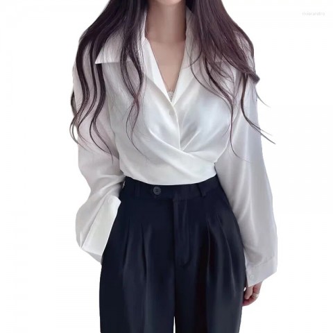 Women's Korean Style Slim Fit Polyester Blouse with Button Details
