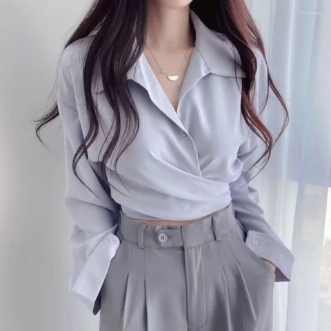 Women's Korean Style Slim Fit Polyester Blouse with Button Details