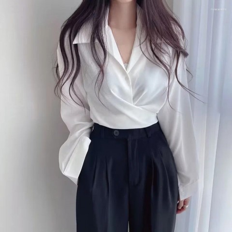 Women's Korean Style Slim Fit Polyester Blouse with Button Details