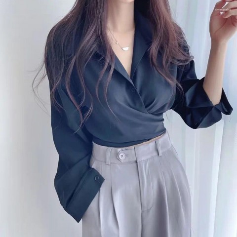 Women's Korean Style Slim Fit Polyester Blouse with Button Details