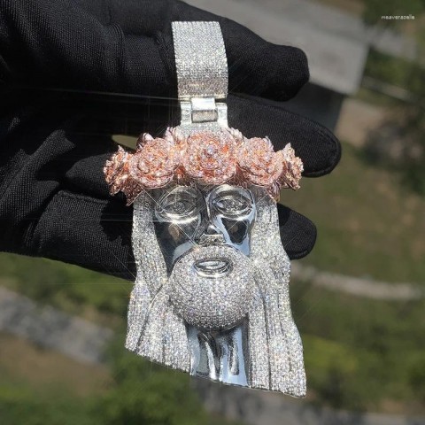High-Quality Charms Hip Hop 5A CZ Stone Bling Rose Flower Jesus Piece Pendant Necklace for Men