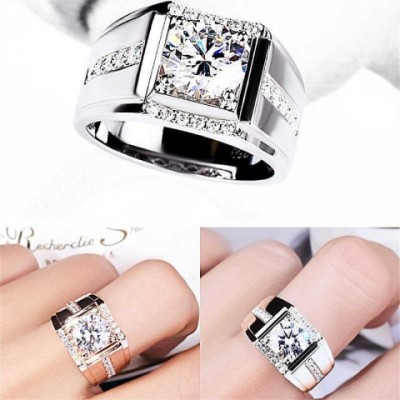 Jin Baoyuan Men's Mighty Gold Plated Band Ring with High Carbon Diamond Zircon