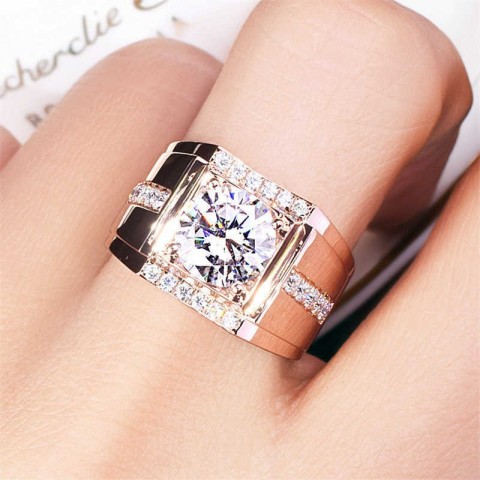 Jin Baoyuan Men's Mighty Gold Plated Band Ring with High Carbon Diamond Zircon