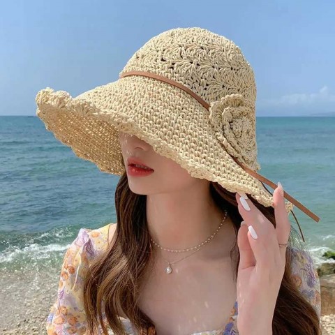 Summer Fashion Beige Sun Hat with Lace Bow for Women Y250213