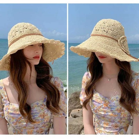Summer Fashion Beige Sun Hat with Lace Bow for Women Y250213