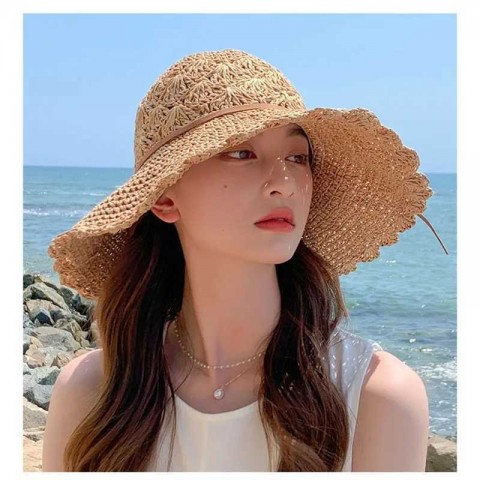 Summer Fashion Beige Sun Hat with Lace Bow for Women Y250213
