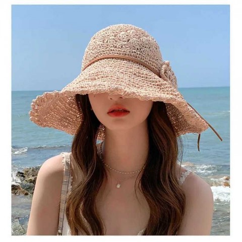 Summer Fashion Beige Sun Hat with Lace Bow for Women Y250213