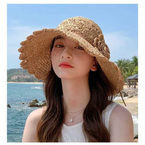 Summer Fashion Beige Sun Hat with Lace Bow for Women Y250213