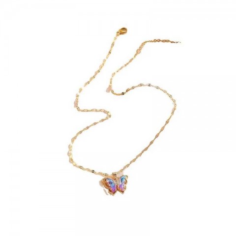 Luxury Zircon Butterfly Pendant Necklace for Women with Stainless Steel Border Chain