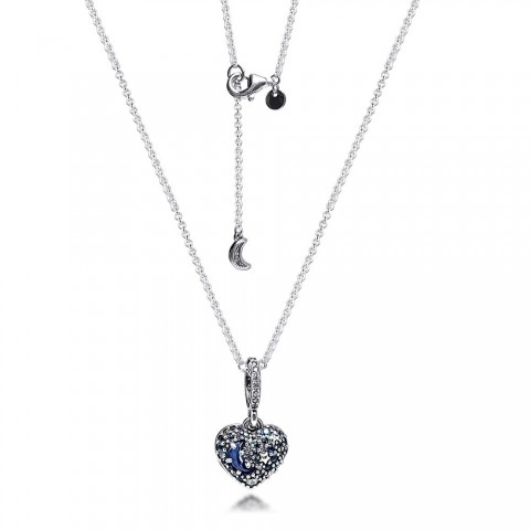 2020 Sparkling Blue Moon and Stars Heart Pendant Necklace in 925 Sterling Silver for Women Men Q0127
