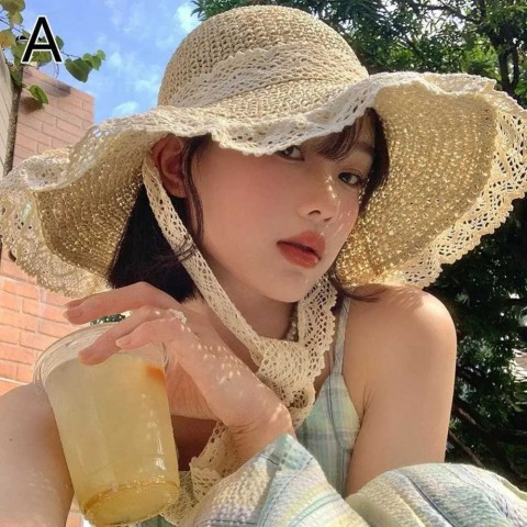 Womens Fashion Foldable Wide Brim Sun Hat with Lace Bow