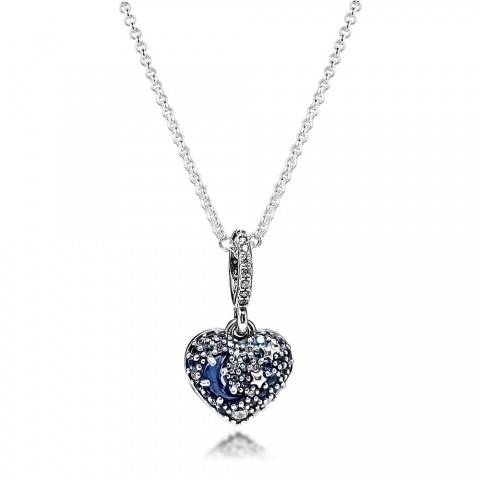2020 Sparkling Blue Moon and Stars Heart Pendant Necklace in 925 Sterling Silver for Women Men Q0127