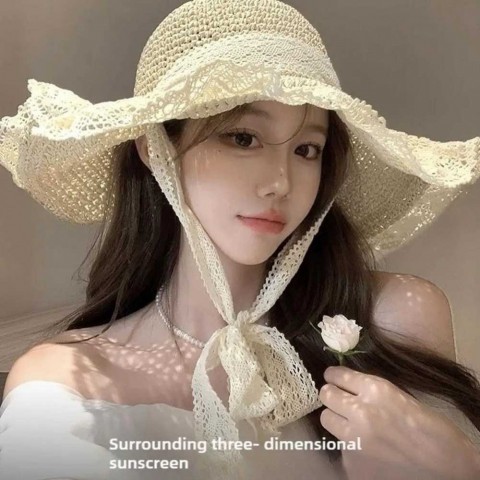 Womens Fashion Foldable Wide Brim Sun Hat with Lace Bow